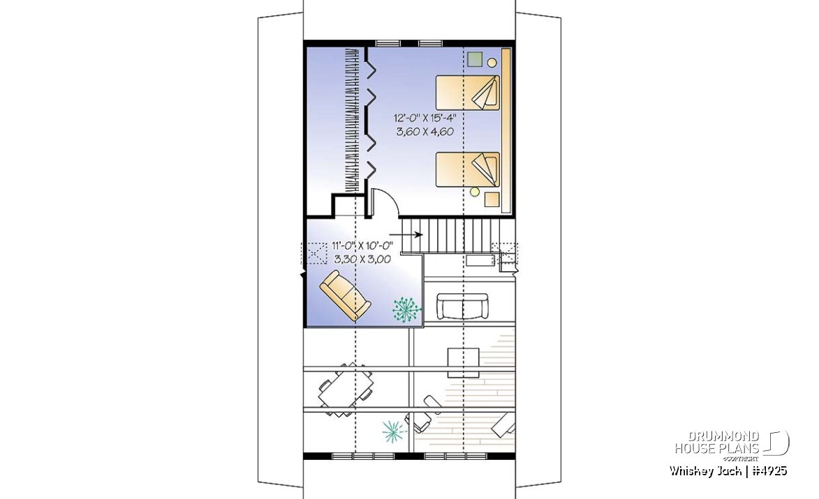 2nd level - Traditional A-Frame Rustic cottage house plan, 2 bedrooms + loft, mezzanine and cathedral ceiling  - Whiskey Jack