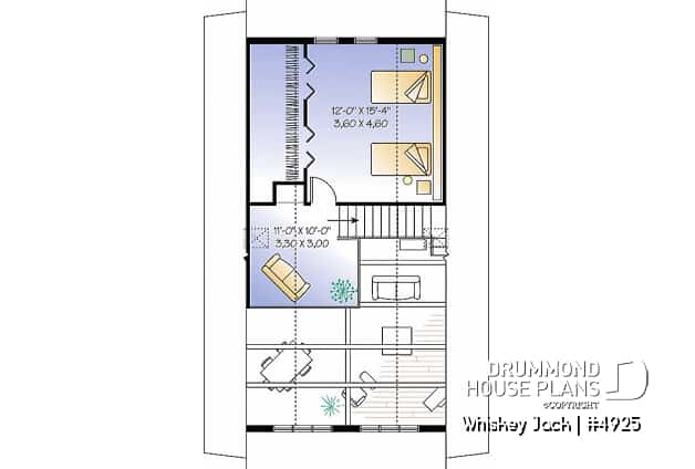 2nd level - Traditional A-Frame Rustic cottage house plan, 2 bedrooms + loft, mezzanine and cathedral ceiling  - Whiskey Jack