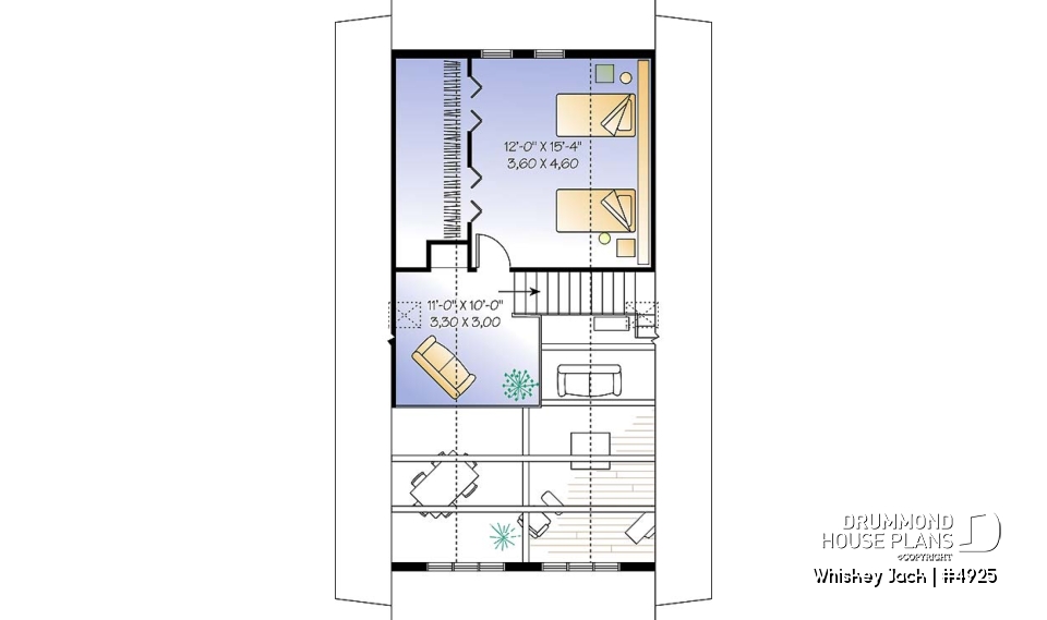 2nd level - Traditional A-Frame Rustic cottage house plan, 2 bedrooms + loft, mezzanine and cathedral ceiling  - Whiskey Jack
