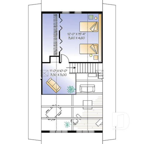 2nd level - Traditional A-Frame Rustic cottage house plan, 2 bedrooms + loft, mezzanine and cathedral ceiling  - Whiskey Jack