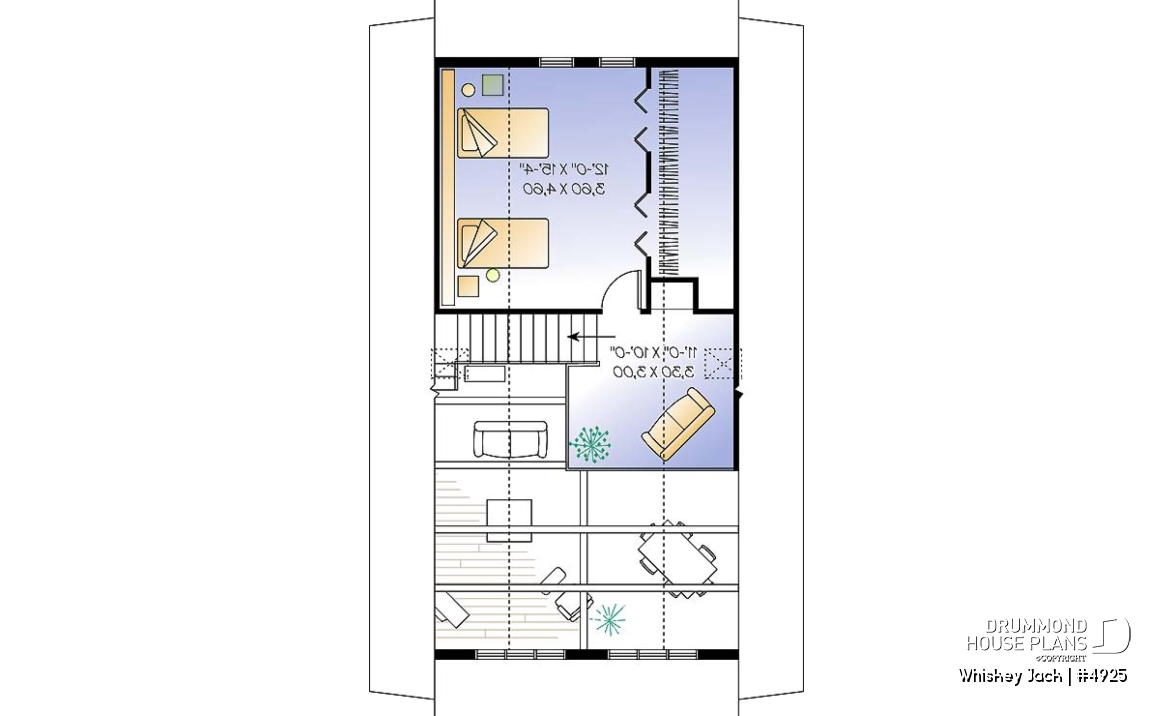 2nd level - Traditional A-Frame Rustic cottage house plan, 2 bedrooms + loft, mezzanine and cathedral ceiling  - Whiskey Jack