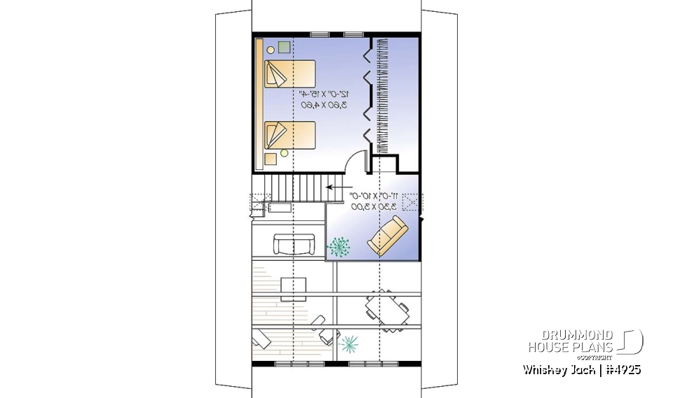 2nd level - Traditional A-Frame Rustic cottage house plan, 2 bedrooms + loft, mezzanine and cathedral ceiling  - Whiskey Jack