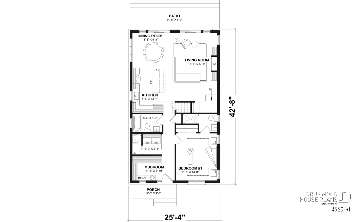 1st level - Rustic small cabin plan with loft, fireplace, 3 bedrooms, and bright open living ideal for lakefront lot - Whiskey Jack 3