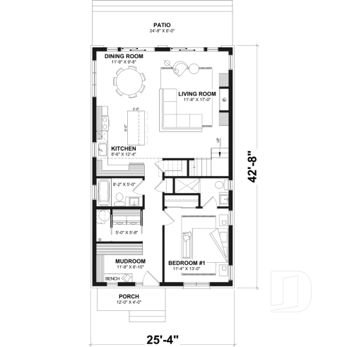 1st level - Rustic small cabin plan with loft, fireplace, 3 bedrooms, and bright open living ideal for lakefront lot - Whiskey Jack 3