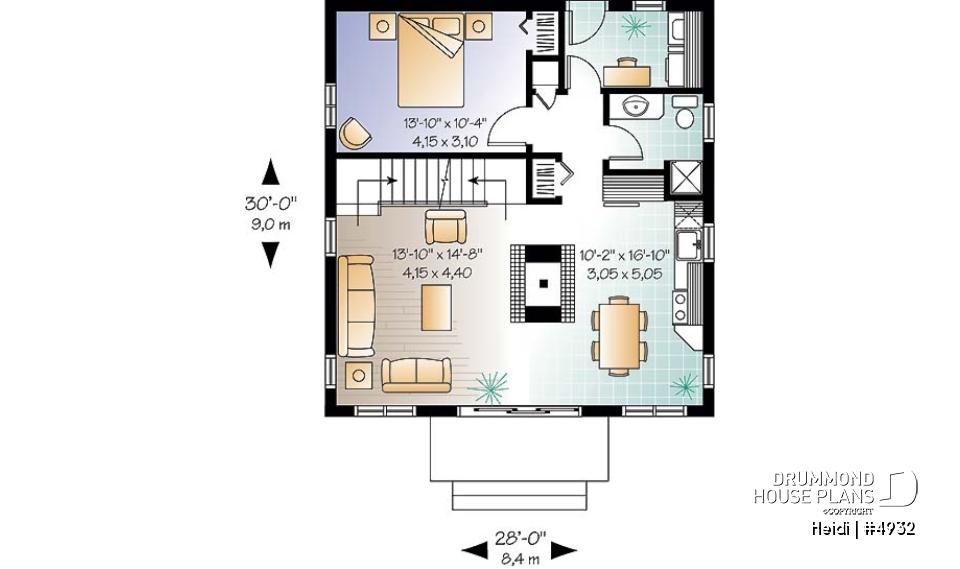 1st level - Swiss chalet or mountain style cottage plan, 3 bedrooms, 2 bathroo, open floor layout with large fireplace - Heidi