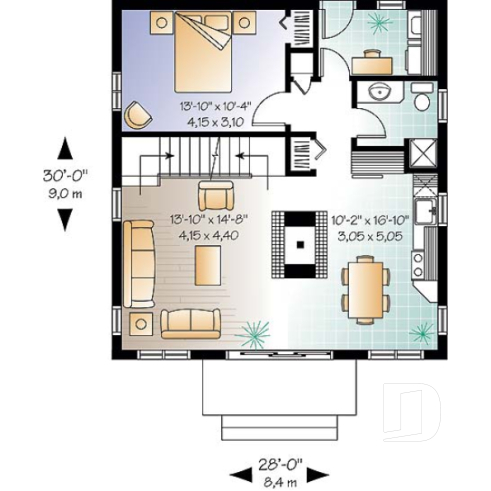 1st level - Swiss chalet or mountain style cottage plan, 3 bedrooms, 2 bathroo, open floor layout with large fireplace - Heidi