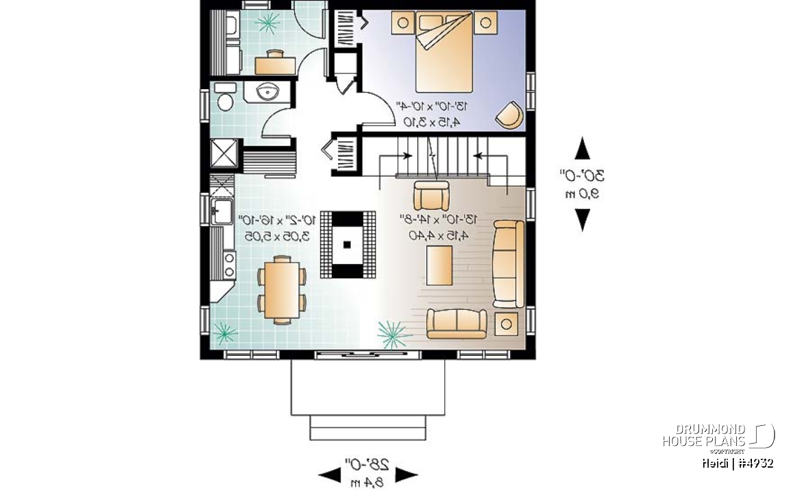 1st level - Swiss chalet or mountain style cottage plan, 3 bedrooms, 2 bathroo, open floor layout with large fireplace - Heidi