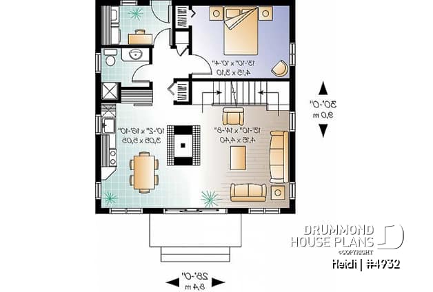 1st level - Swiss chalet or mountain style cottage plan, 3 bedrooms, 2 bathroo, open floor layout with large fireplace - Heidi