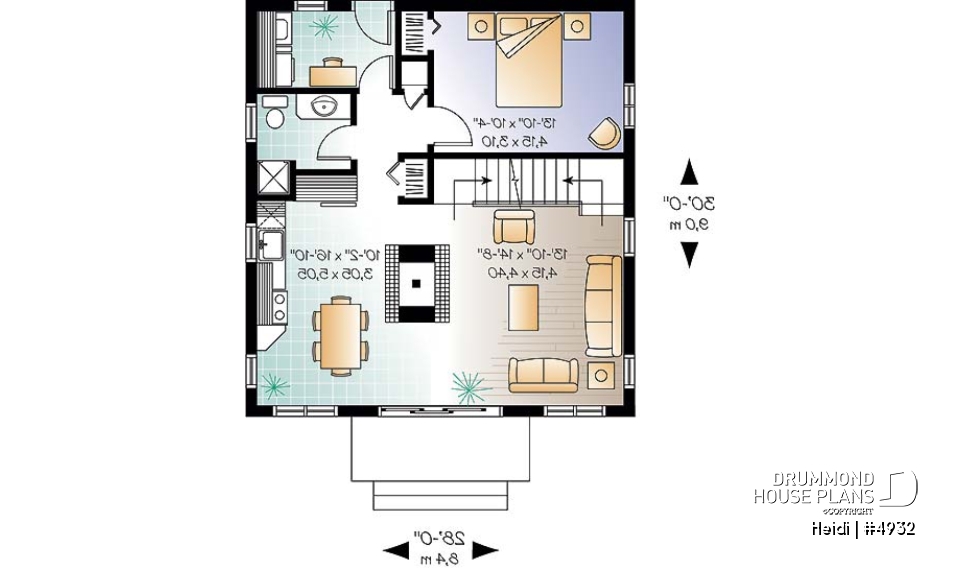 1st level - Swiss chalet or mountain style cottage plan, 3 bedrooms, 2 bathroo, open floor layout with large fireplace - Heidi