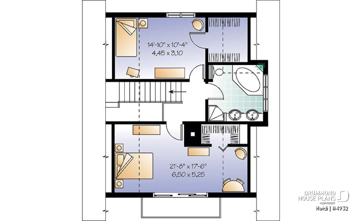2nd level - Swiss chalet or mountain style cottage plan, 3 bedrooms, 2 bathroo, open floor layout with large fireplace - Heidi