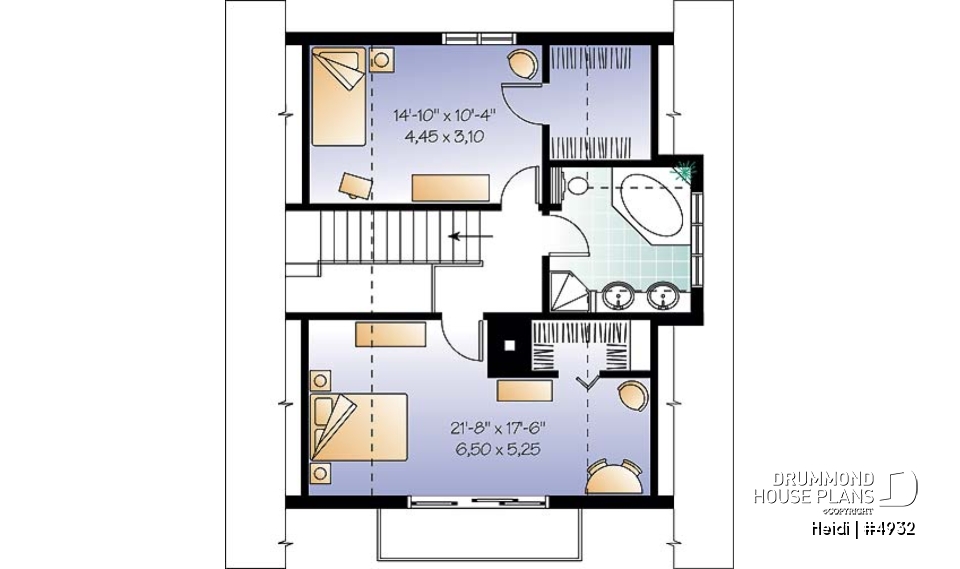 2nd level - Swiss chalet or mountain style cottage plan, 3 bedrooms, 2 bathroo, open floor layout with large fireplace - Heidi