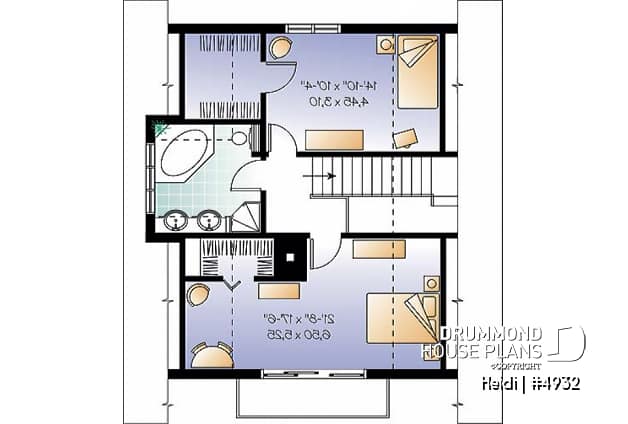 2nd level - Swiss chalet or mountain style cottage plan, 3 bedrooms, 2 bathroo, open floor layout with large fireplace - Heidi