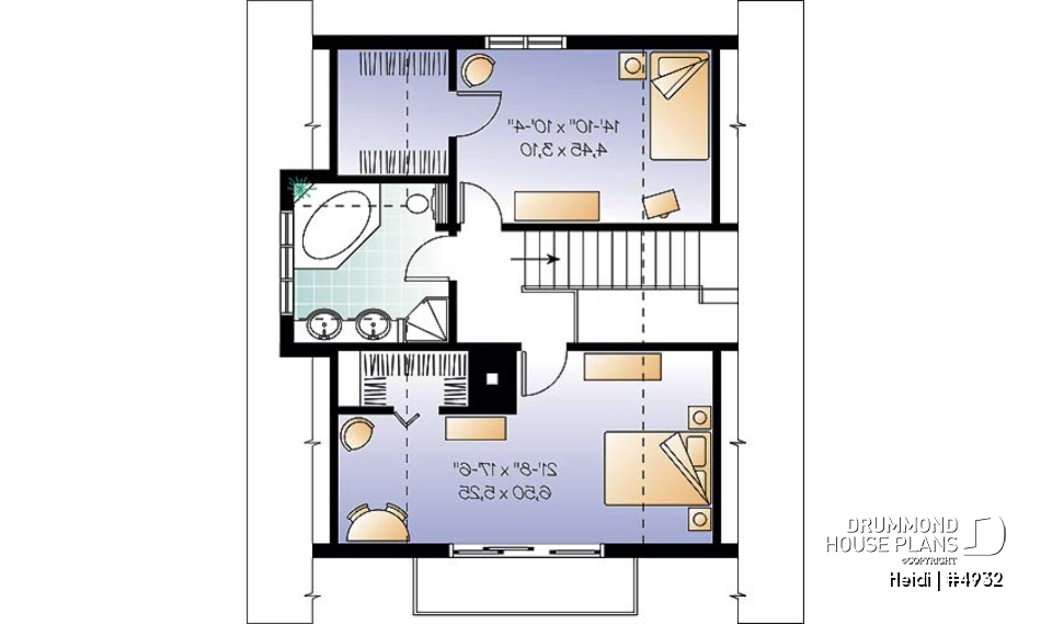2nd level - Swiss chalet or mountain style cottage plan, 3 bedrooms, 2 bathroo, open floor layout with large fireplace - Heidi