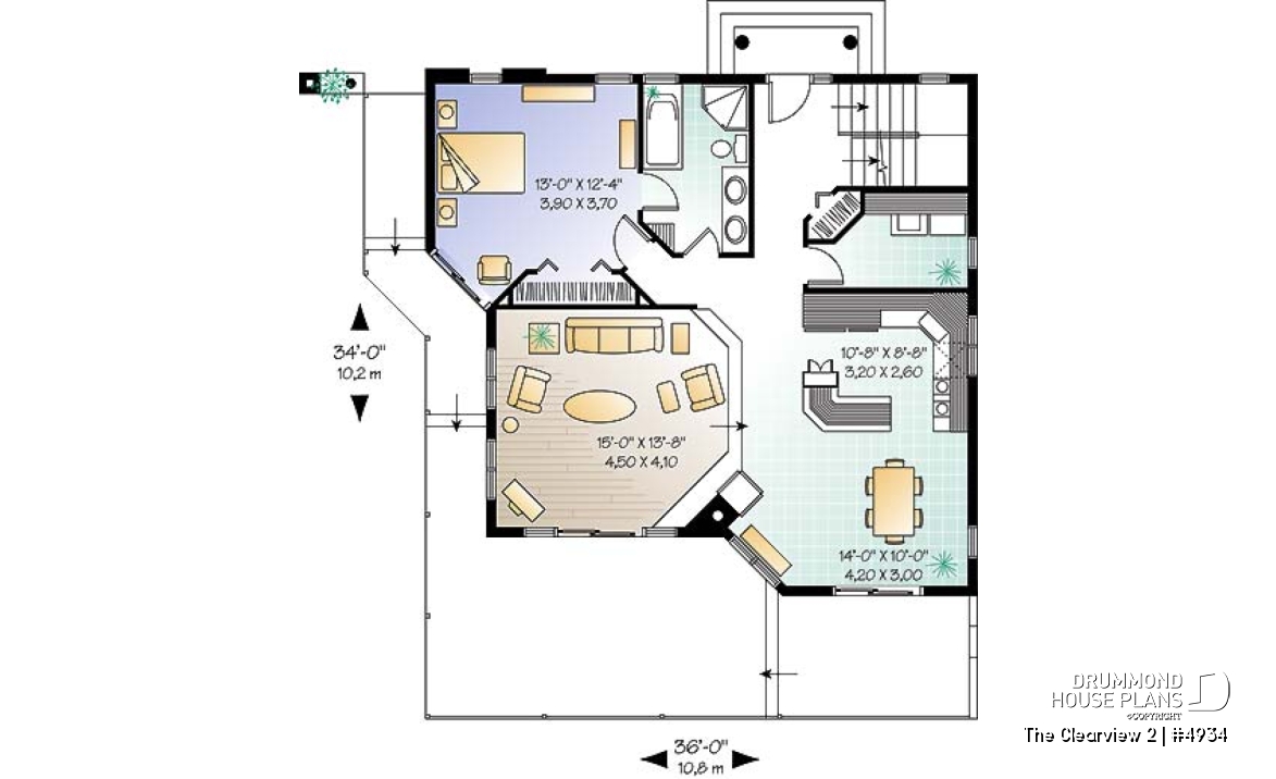 1st level - A-France style lakefront vacation house plan, 3 bedrooms, 2 family rooms, mezzanine, garage - The Clearview 2