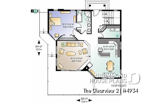 1st level - A-France style lakefront vacation house plan, 3 bedrooms, 2 family rooms, mezzanine, garage - The Clearview 2