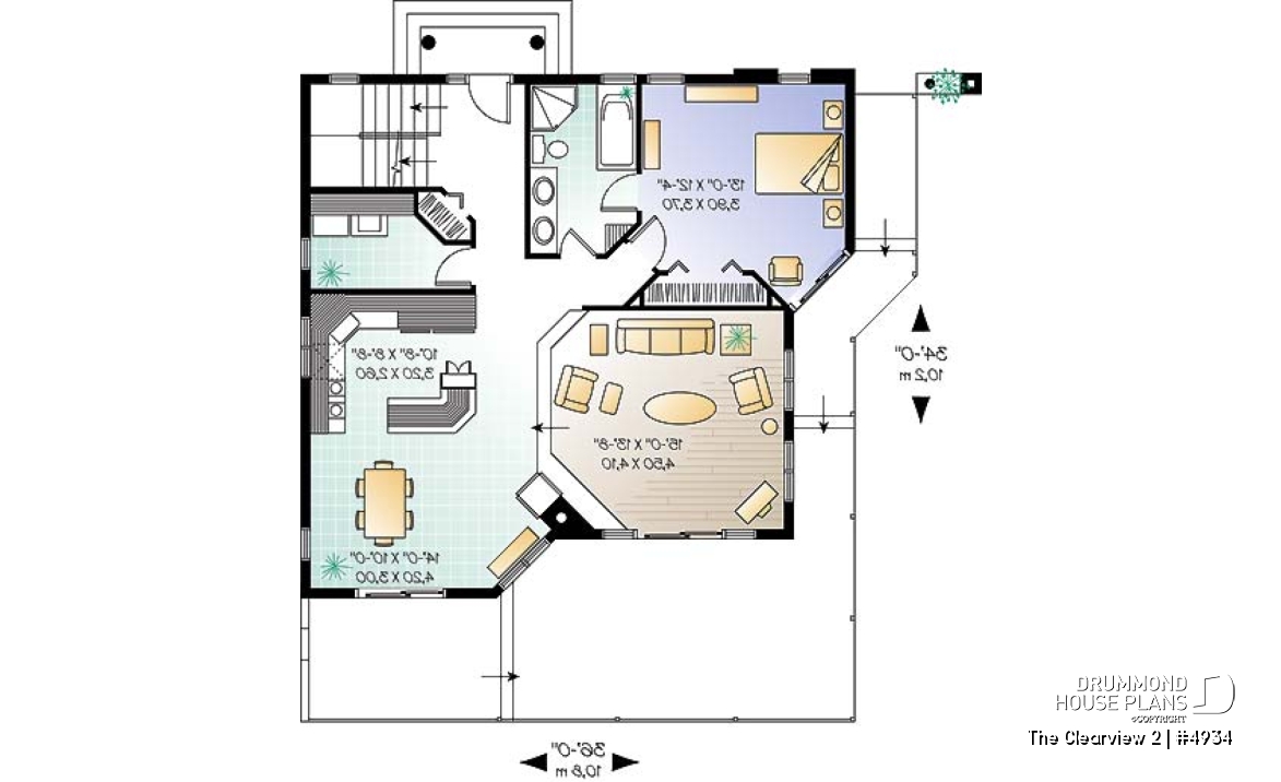 1st level - A-France style lakefront vacation house plan, 3 bedrooms, 2 family rooms, mezzanine, garage - The Clearview 2