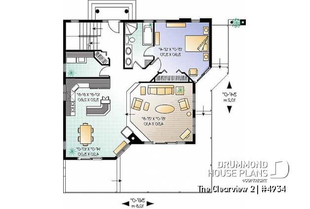 1st level - A-France style lakefront vacation house plan, 3 bedrooms, 2 family rooms, mezzanine, garage - The Clearview 2