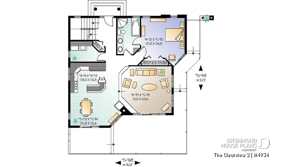 1st level - A-France style lakefront vacation house plan, 3 bedrooms, 2 family rooms, mezzanine, garage - The Clearview 2