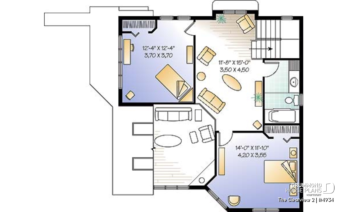 2nd level - A-France style lakefront vacation house plan, 3 bedrooms, 2 family rooms, mezzanine, garage - The Clearview 2