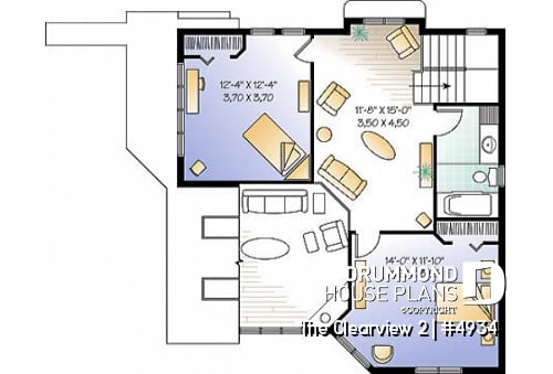 2nd level - A-France style lakefront vacation house plan, 3 bedrooms, 2 family rooms, mezzanine, garage - The Clearview 2
