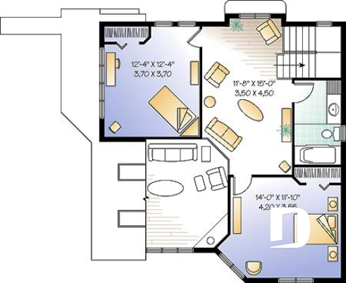 2nd level - A-France style lakefront vacation house plan, 3 bedrooms, 2 family rooms, mezzanine, garage - The Clearview 2