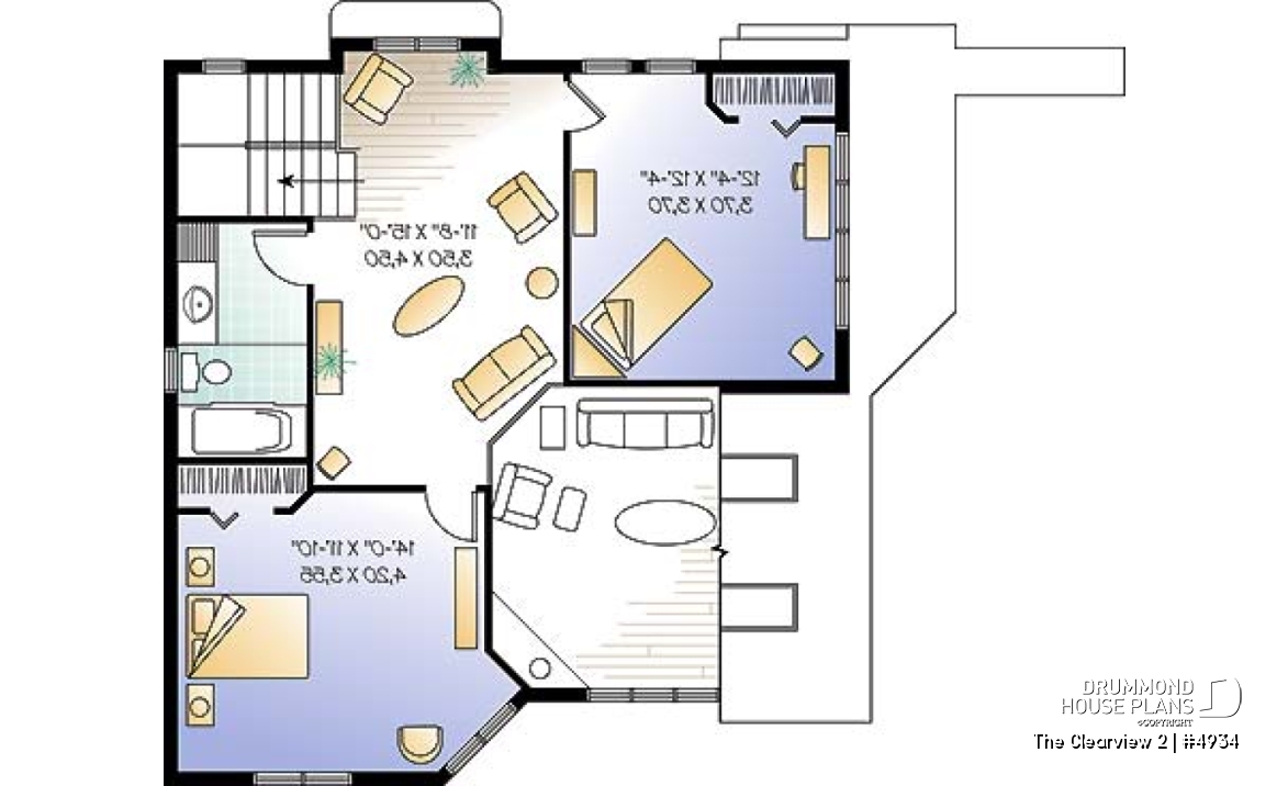 2nd level - A-France style lakefront vacation house plan, 3 bedrooms, 2 family rooms, mezzanine, garage - The Clearview 2