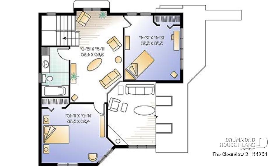 2nd level - A-France style lakefront vacation house plan, 3 bedrooms, 2 family rooms, mezzanine, garage - The Clearview 2