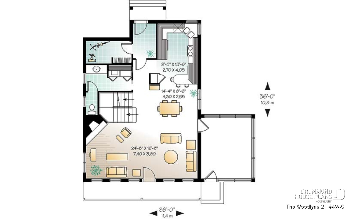 1st level - A-Frame 2 bedroom Cottage home plan with screened-in terrace and large fireplace - The Woodlyne 2