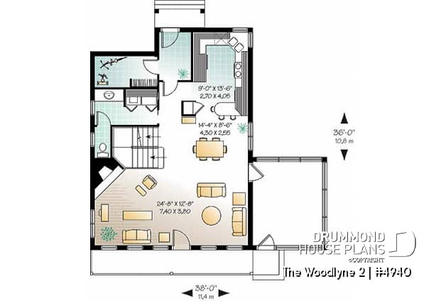 1st level - A-Frame 2 bedroom Cottage home plan with screened-in terrace and large fireplace - The Woodlyne 2