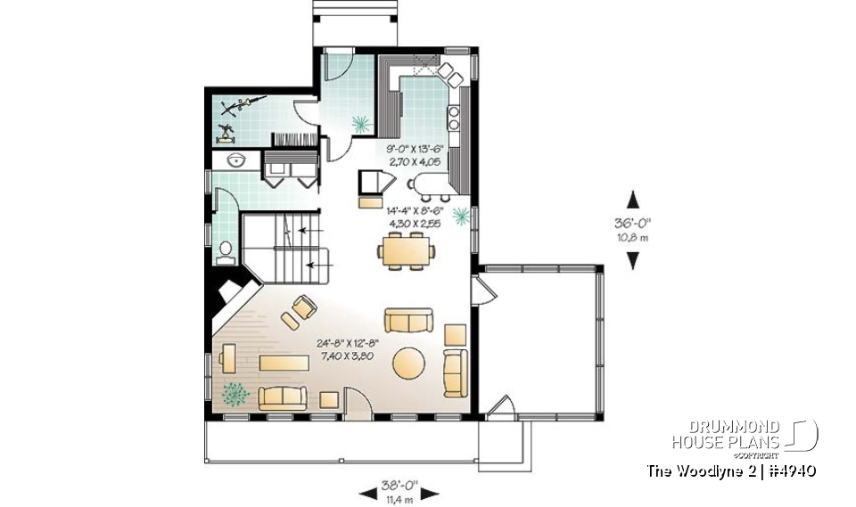 1st level - A-Frame 2 bedroom Cottage home plan with screened-in terrace and large fireplace - The Woodlyne 2