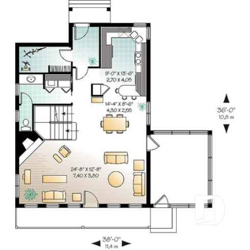 1st level - A-Frame 2 bedroom Cottage home plan with screened-in terrace and large fireplace - The Woodlyne 2