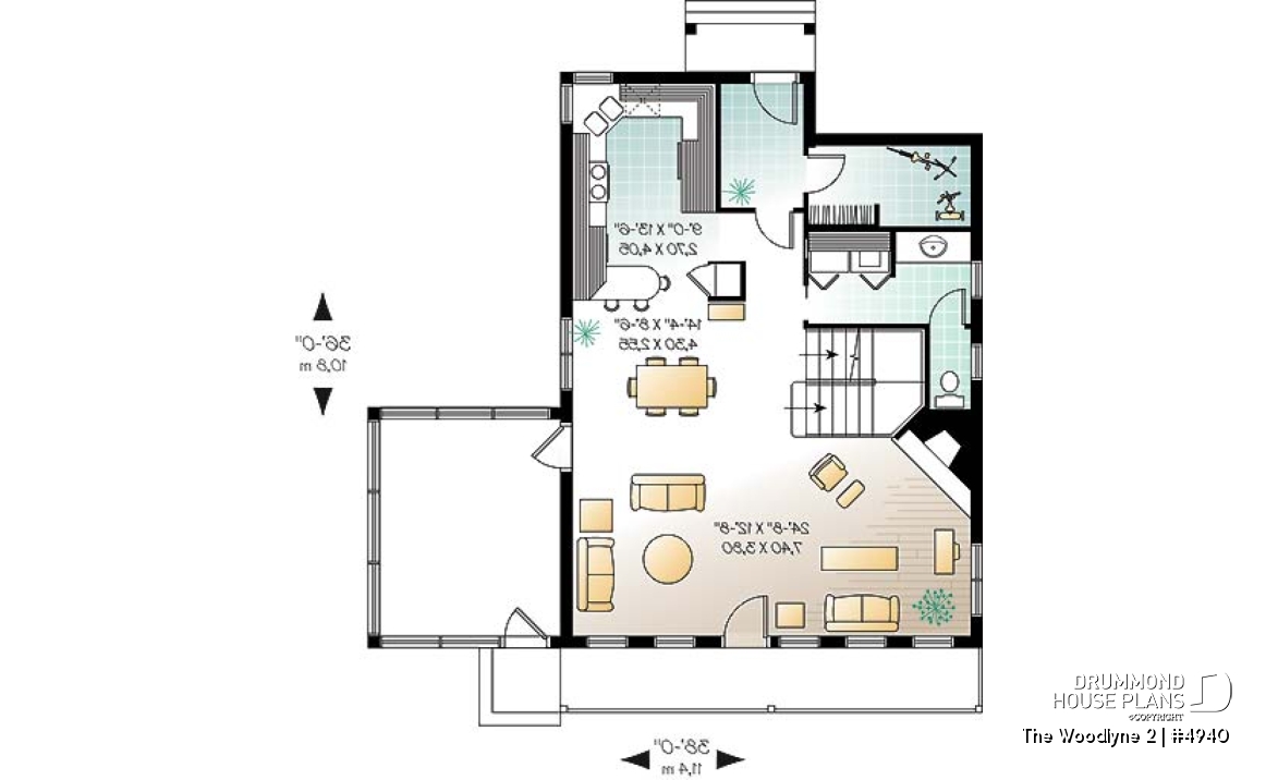 1st level - A-Frame 2 bedroom Cottage home plan with screened-in terrace and large fireplace - The Woodlyne 2