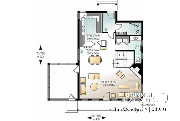 1st level - A-Frame 2 bedroom Cottage home plan with screened-in terrace and large fireplace - The Woodlyne 2