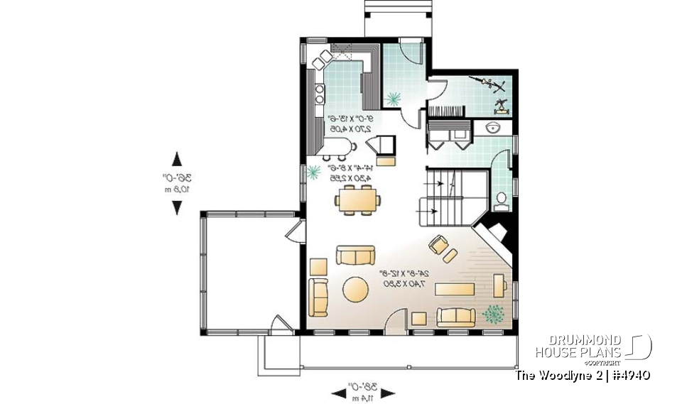 1st level - A-Frame 2 bedroom Cottage home plan with screened-in terrace and large fireplace - The Woodlyne 2