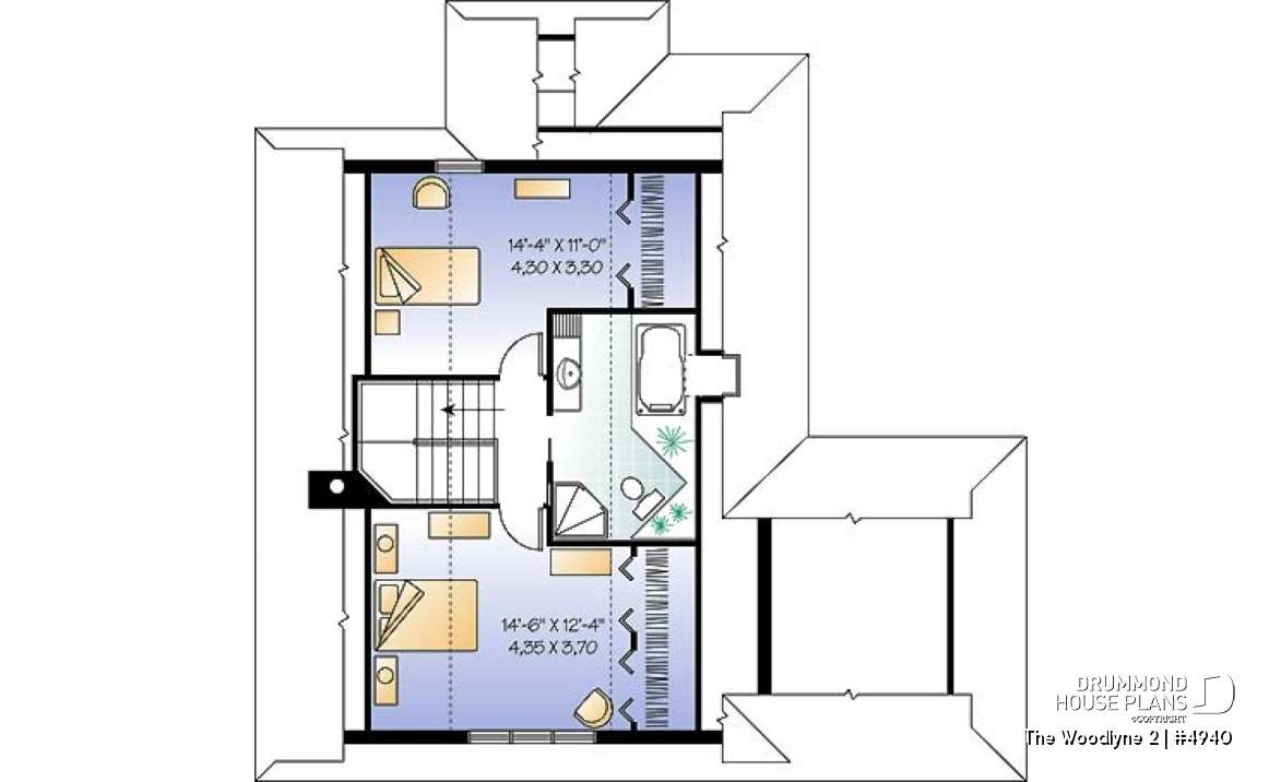 2nd level - A-Frame 2 bedroom Cottage home plan with screened-in terrace and large fireplace - The Woodlyne 2