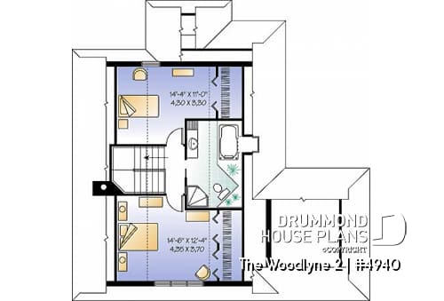 2nd level - A-Frame 2 bedroom Cottage home plan with screened-in terrace and large fireplace - The Woodlyne 2