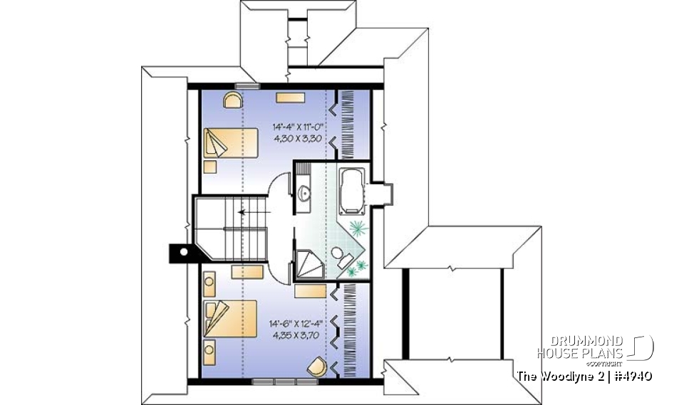 2nd level - A-Frame 2 bedroom Cottage home plan with screened-in terrace and large fireplace - The Woodlyne 2