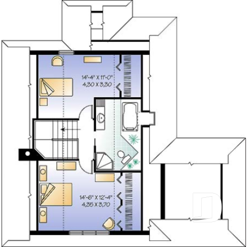 2nd level - A-Frame 2 bedroom Cottage home plan with screened-in terrace and large fireplace - The Woodlyne 2