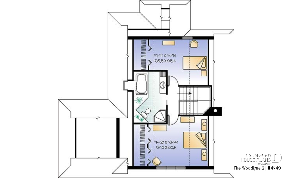 2nd level - A-Frame 2 bedroom Cottage home plan with screened-in terrace and large fireplace - The Woodlyne 2