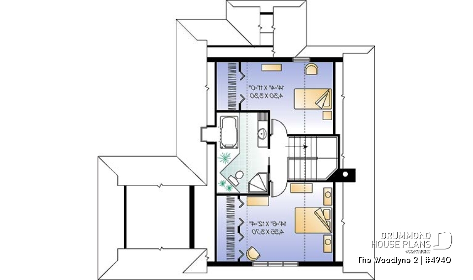 2nd level - A-Frame 2 bedroom Cottage home plan with screened-in terrace and large fireplace - The Woodlyne 2