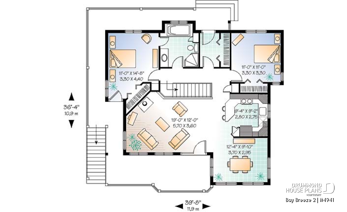 1st level - Traditional walkout bungalow house plan with lots of natural light and great deck, unfinished walkout basement - Bay Breeze 2