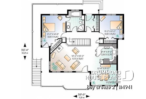 1st level - Traditional walkout bungalow house plan with lots of natural light and great deck, unfinished walkout basement - Bay Breeze 2