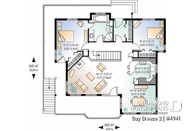 1st level - Traditional walkout bungalow house plan with lots of natural light and great deck, unfinished walkout basement - Bay Breeze 2