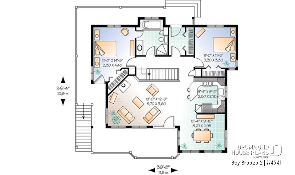 1st level - Traditional walkout bungalow house plan with lots of natural light and great deck, unfinished walkout basement - Bay Breeze 2