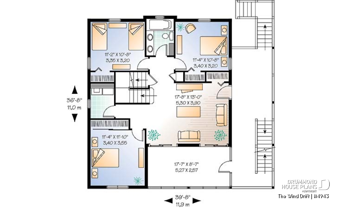 2nd level - Cape Hatteras style house plan with 5 bedrooms, 3.5 baths, reverse floor plans, 2 terraces, fireplace - The Wind Drift