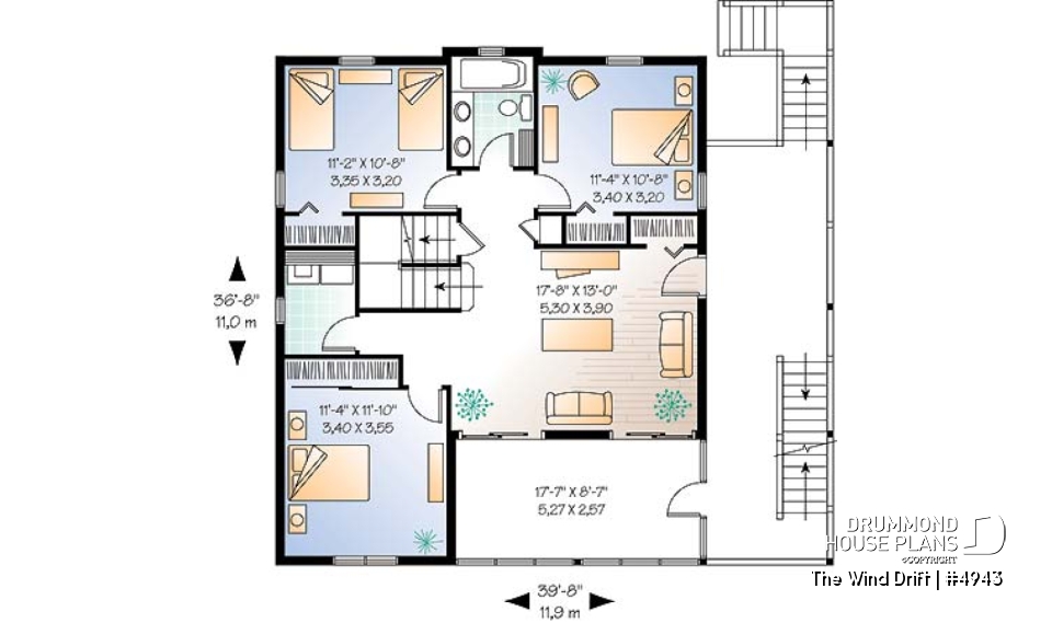 2nd level - Cape Hatteras style house plan with 5 bedrooms, 3.5 baths, reverse floor plans, 2 terraces, fireplace - The Wind Drift