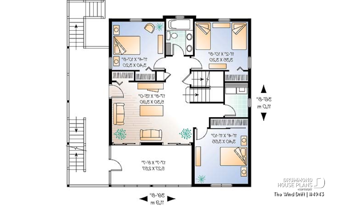 2nd level - Cape Hatteras style house plan with 5 bedrooms, 3.5 baths, reverse floor plans, 2 terraces, fireplace - The Wind Drift