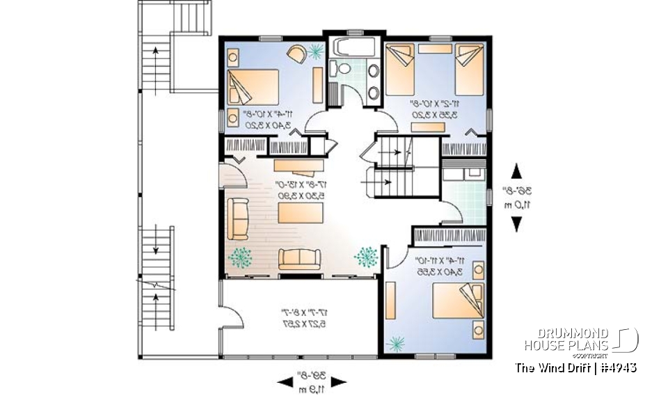 2nd level - Cape Hatteras style house plan with 5 bedrooms, 3.5 baths, reverse floor plans, 2 terraces, fireplace - The Wind Drift