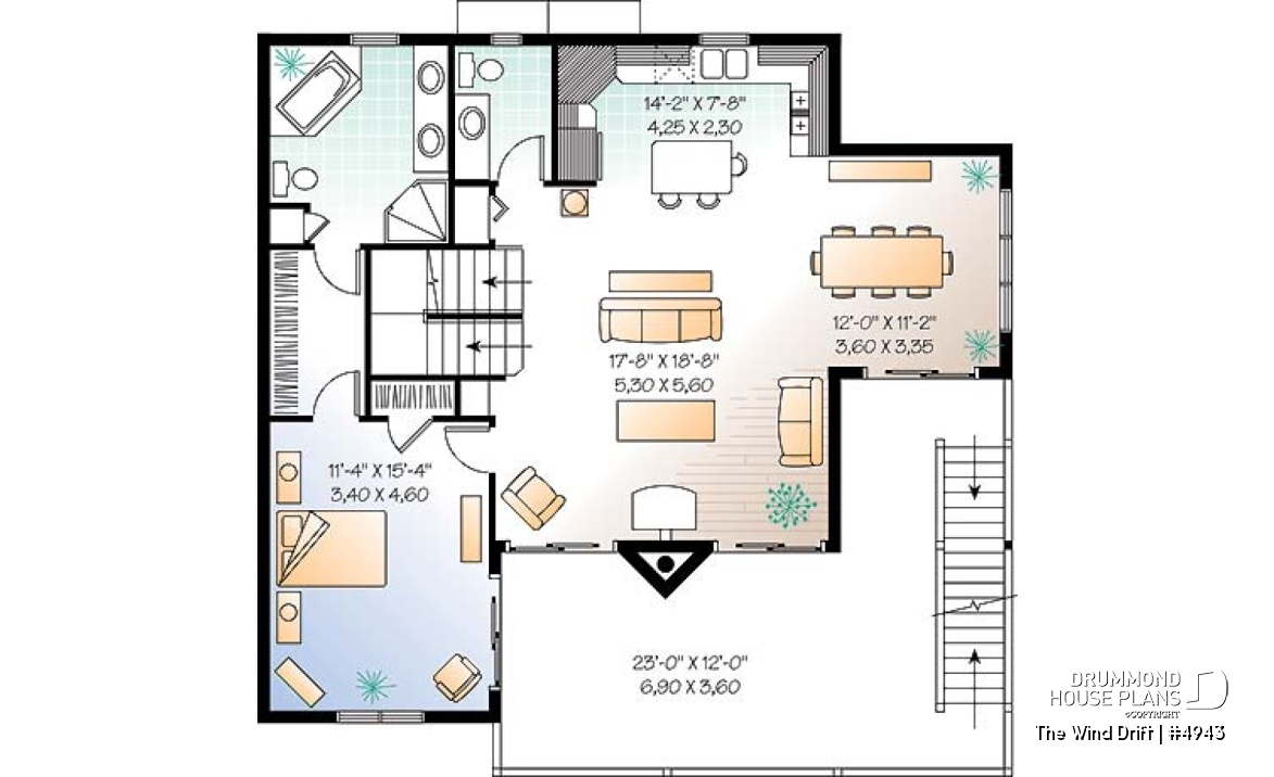 3rd level - Cape Hatteras style house plan with 5 bedrooms, 3.5 baths, reverse floor plans, 2 terraces, fireplace - The Wind Drift