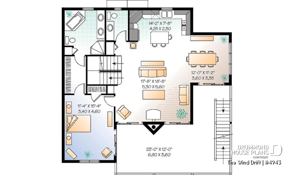 3rd level - Cape Hatteras style house plan with 5 bedrooms, 3.5 baths, reverse floor plans, 2 terraces, fireplace - The Wind Drift